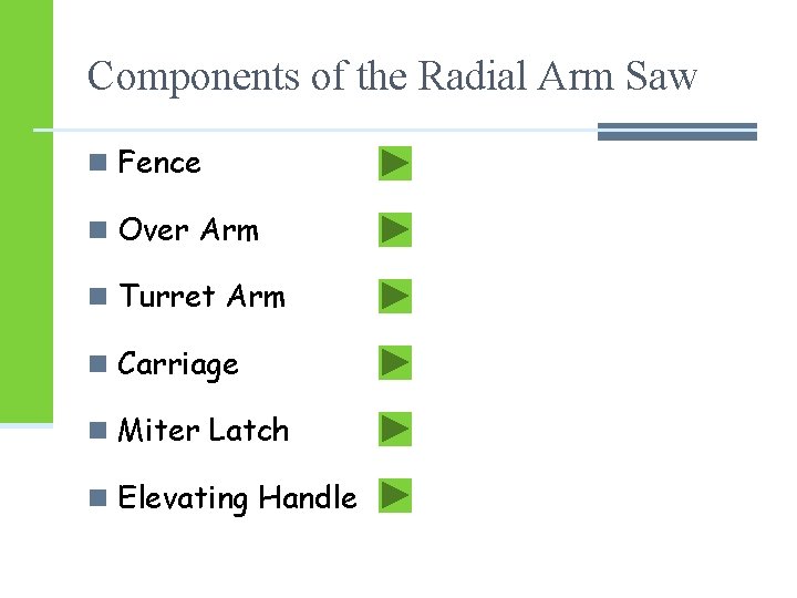 Components of the Radial Arm Saw n Fence n Over Arm n Turret Arm