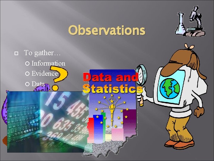 Observations To gather… Information Evidence Data 