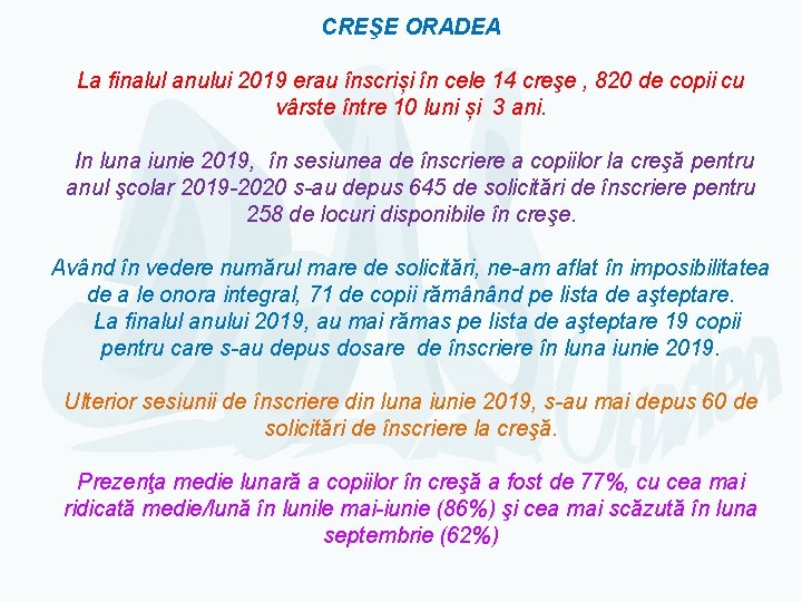 CREŞE ORADEA La finalul anului 2019 erau înscriși în cele 14 creşe , 820