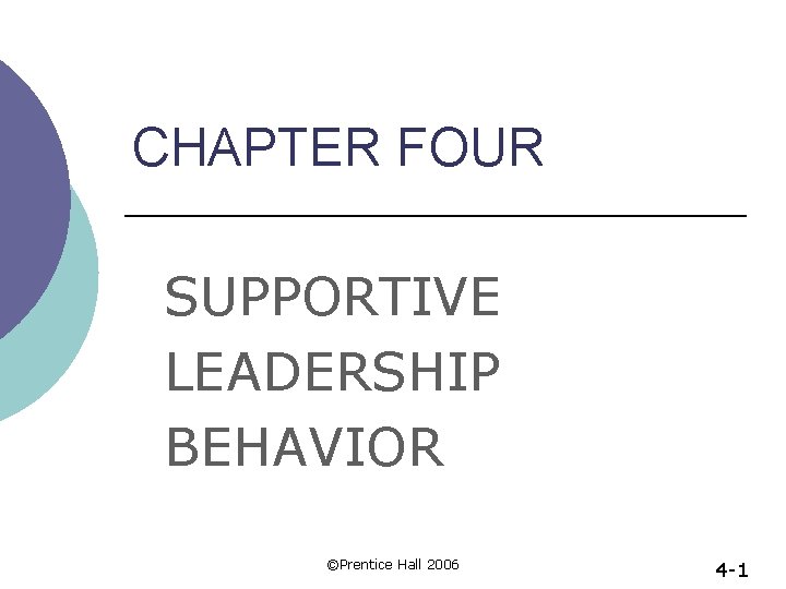 CHAPTER FOUR SUPPORTIVE LEADERSHIP BEHAVIOR ©Prentice Hall 2006 4 -1 
