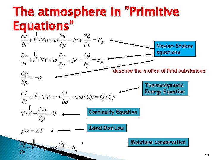 The atmosphere in ”Primitive Equations” Navier-Stokes equations describe the motion of fluid substances Thermodynamic