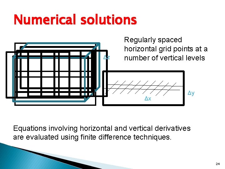 Numerical solutions Δz Regularly spaced horizontal grid points at a number of vertical levels
