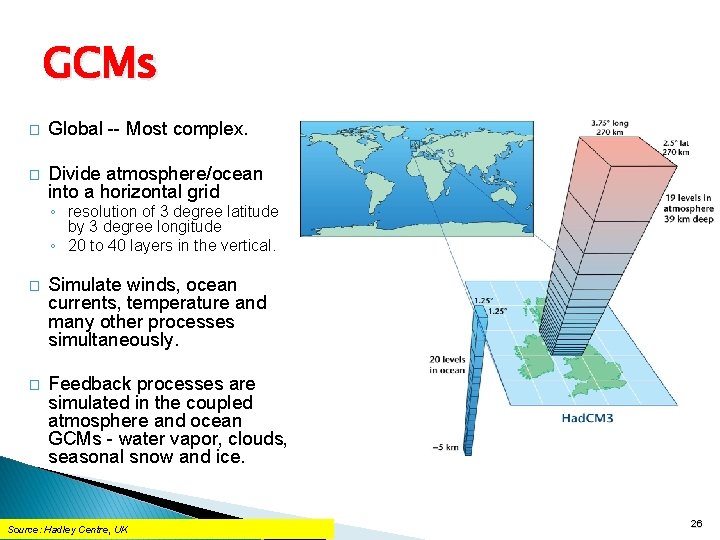 GCMs � Global -- Most complex. � Divide atmosphere/ocean into a horizontal grid ◦