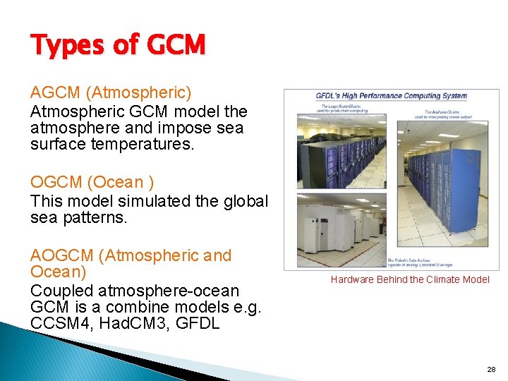 Types of GCM AGCM (Atmospheric) Atmospheric GCM model the atmosphere and impose sea surface