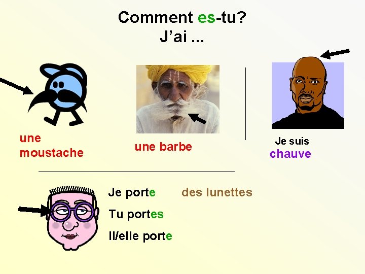 Comment es-tu? J’ai. . . une moustache une barbe Je porte Tu portes Il/elle