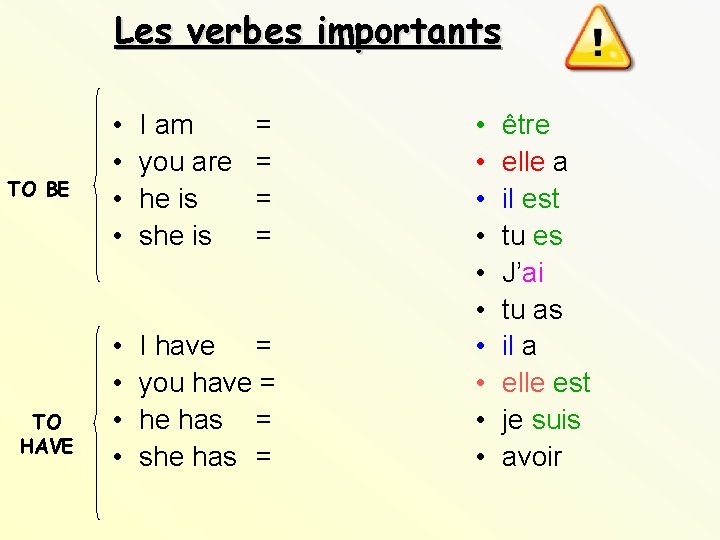 Les verbes importants TO BE TO HAVE • • I am you are he