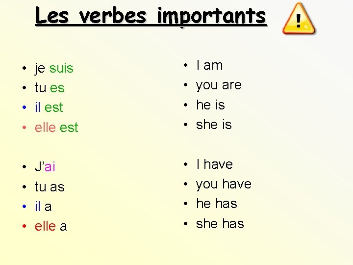 Les verbes importants • • je suis tu es il est elle est •