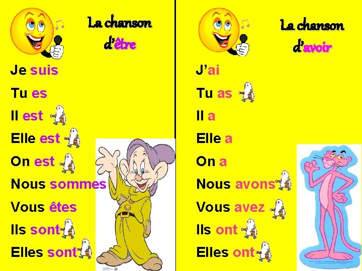 La chanson d’être La chanson d’avoir Je suis J’ai Tu es Tu as Il