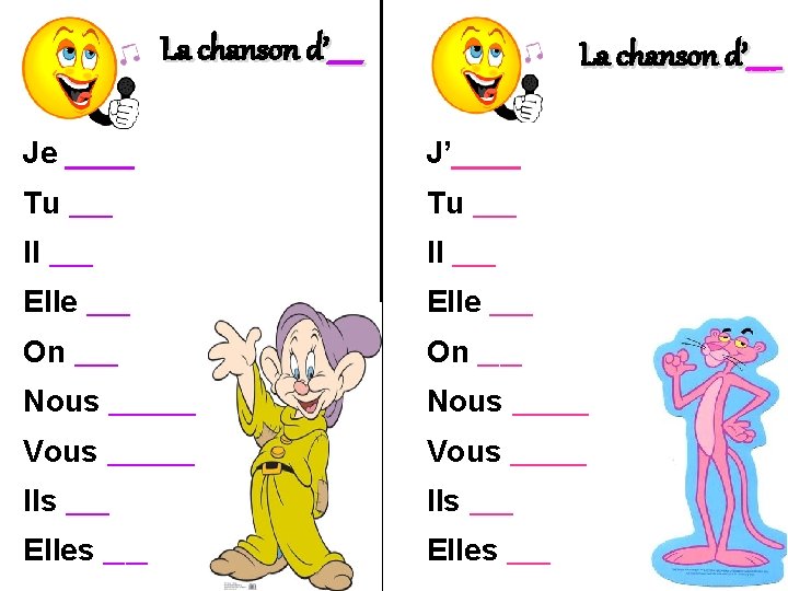 La chanson d’_____ Je ____ J’____ Tu ____ Il ____ Elle ____ On ____