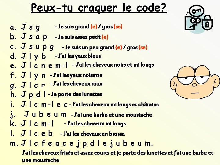 Peux-tu craquer le code? - Je suis grand (e) / gros (se) a. J