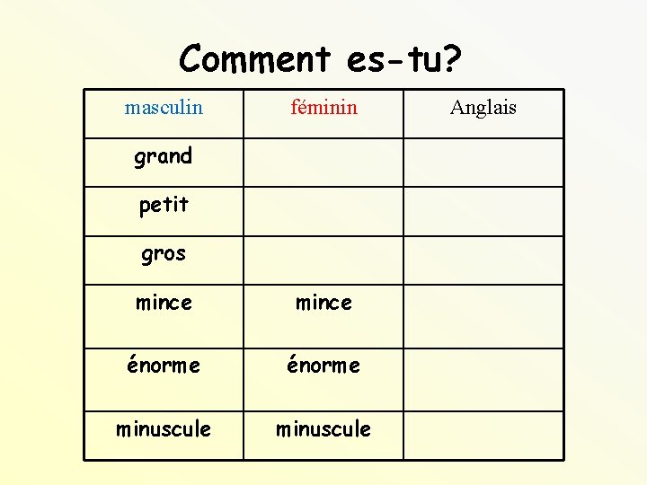 Comment es-tu? masculin féminin grand petit gros mince énorme minuscule Anglais 