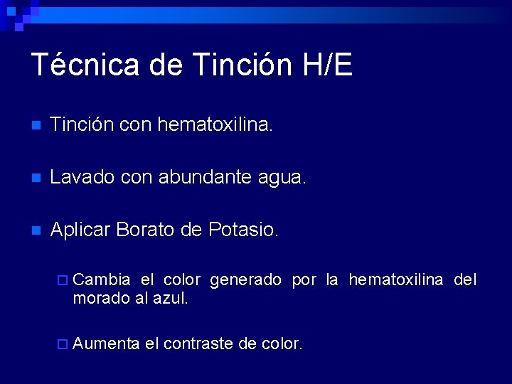 Técnica de Tinción H/E n Tinción con hematoxilina. n Lavado con abundante agua. n
