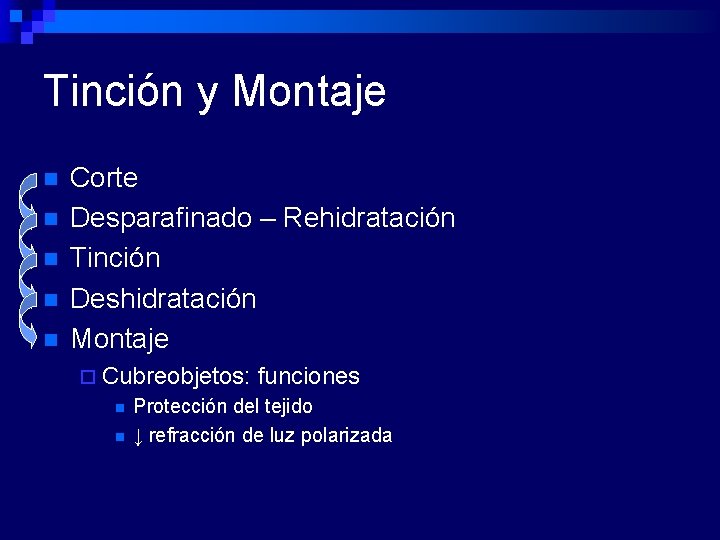 Tinción y Montaje n n n Corte Desparafinado – Rehidratación Tinción Deshidratación Montaje ¨
