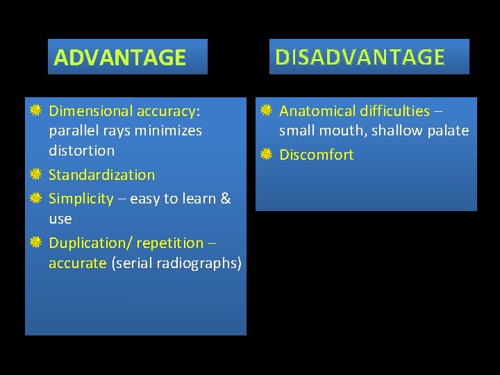 ADVANTAGE DISADVANTAGE Dimensional accuracy: parallel rays minimizes distortion Standardization Simplicity – easy to learn