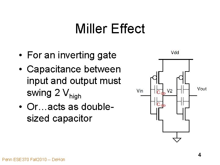 Miller Effect • For an inverting gate • Capacitance between input and output must