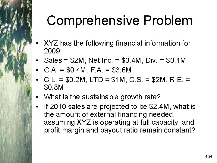 Comprehensive Problem • XYZ has the following financial information for 2009: • Sales =