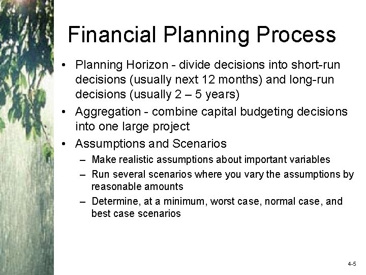 Financial Planning Process • Planning Horizon - divide decisions into short-run decisions (usually next