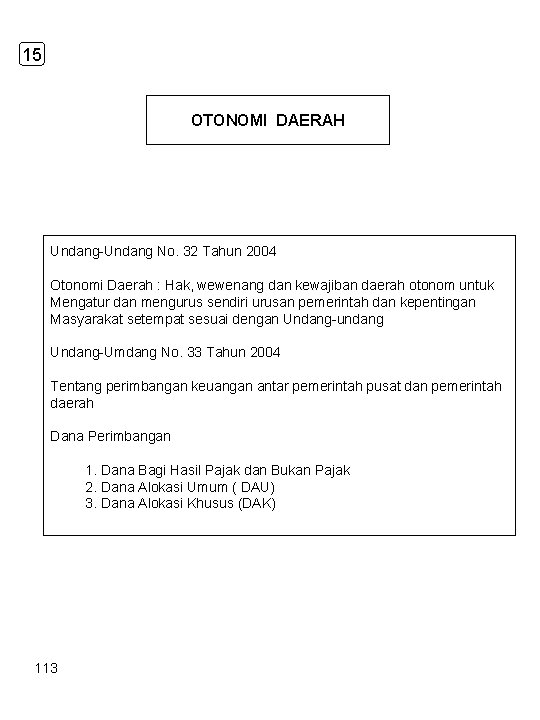 15 OTONOMI DAERAH Undang-Undang No. 32 Tahun 2004 Otonomi Daerah : Hak, wewenang dan