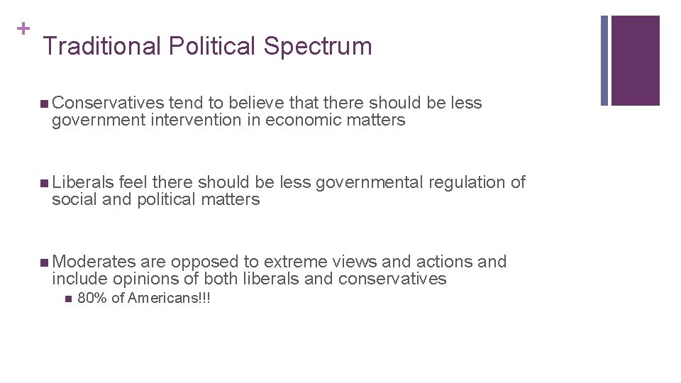 + Traditional Political Spectrum n Conservatives tend to believe that there should be less
