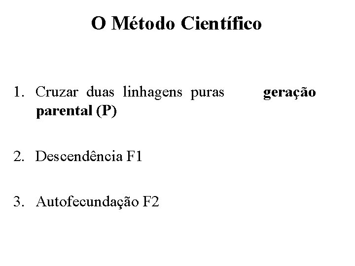  O Método Científico 1. Cruzar duas linhagens puras geração parental (P) 2. Descendência