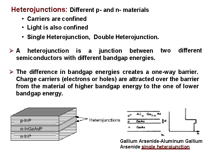 Heterojunctions: Different p- and n- materials • Carriers are confined • Light is also