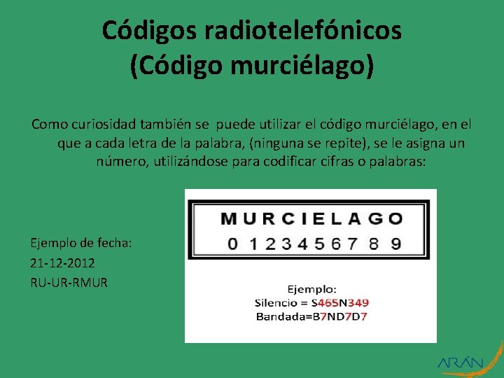 Códigos radiotelefónicos (Código murciélago) Como curiosidad también se puede utilizar el código murciélago, en