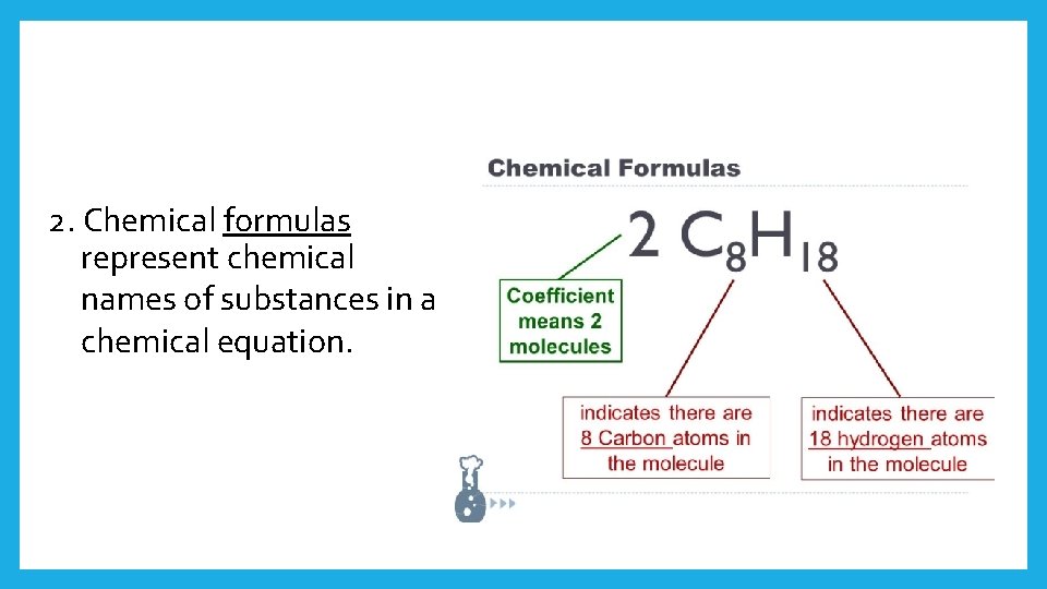 2. Chemical formulas represent chemical names of substances in a chemical equation. 