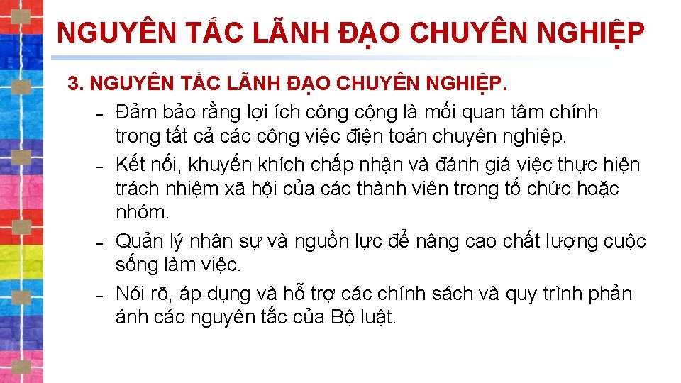 NGUYÊN TẮC LÃNH ĐẠO CHUYÊN NGHIỆP 3. NGUYÊN TẮC LÃNH ĐẠO CHUYÊN NGHIỆP. ˗