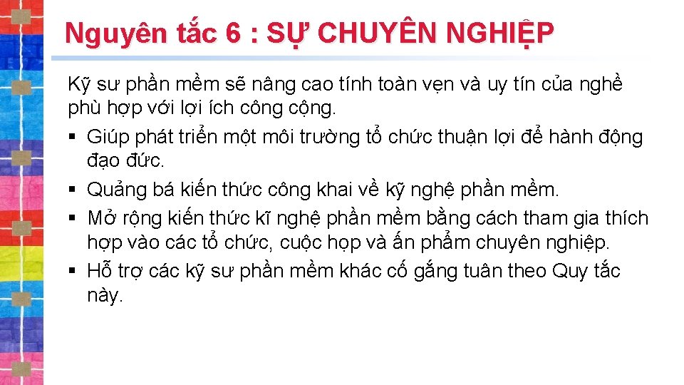 Nguyên tắc 6 : SỰ CHUYÊN NGHIỆP Kỹ sư phần mềm sẽ nâng cao