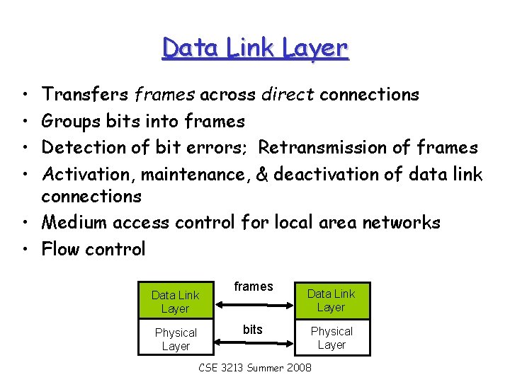 Data Link Layer • • Transfers frames across direct connections Groups bits into frames