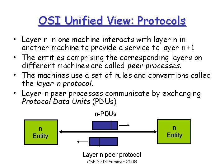OSI Unified View: Protocols • Layer n in one machine interacts with layer n