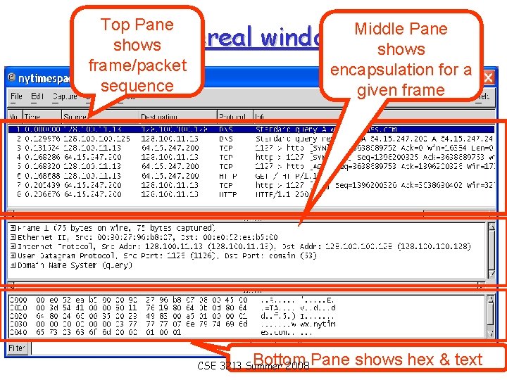 Top Pane Ethereal shows frame/packet sequence Middle Pane windows shows encapsulation for a given