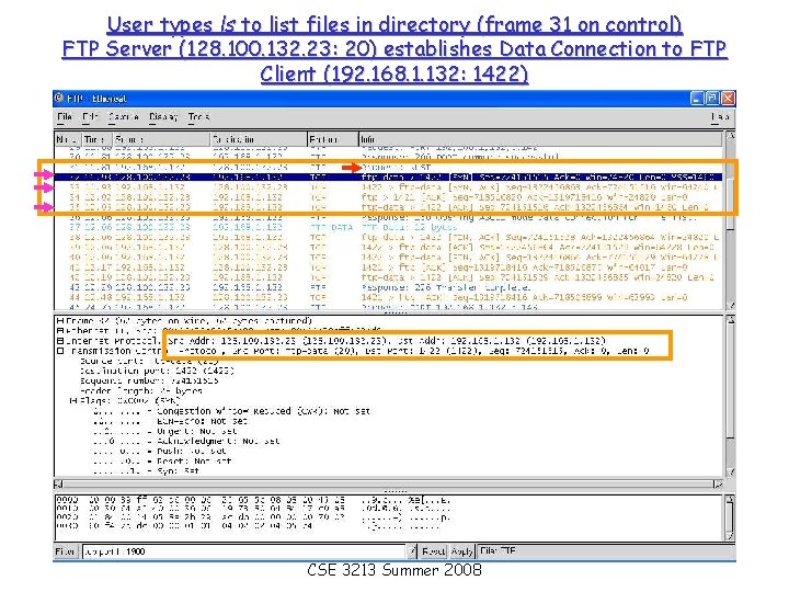 User types ls to list files in directory (frame 31 on control) FTP Server