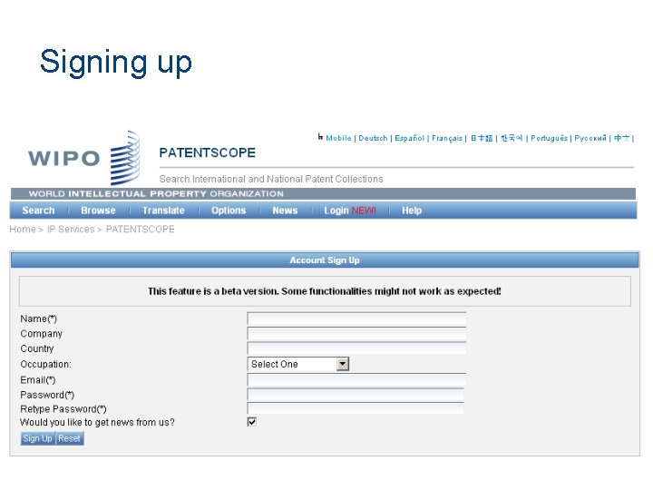 Signing up 