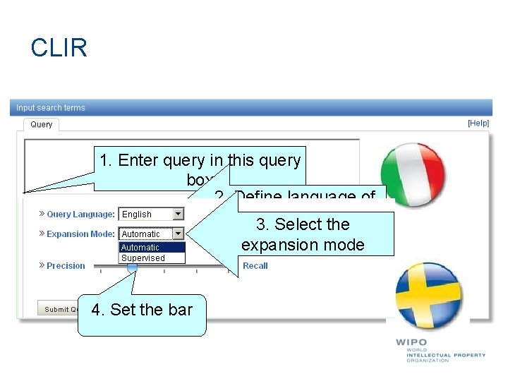 CLIR 1. Enter query in this query box 2. Define language of 3. query