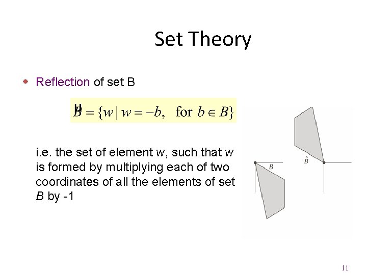 Set Theory w Reflection of set B i. e. the set of element w,