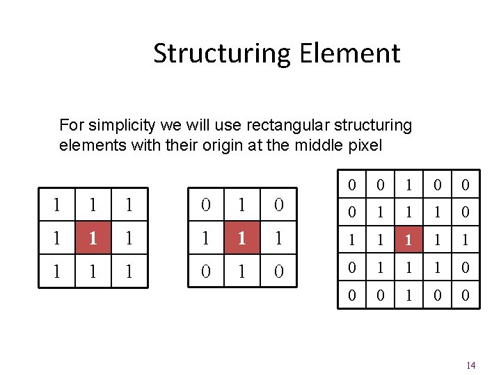 Structuring Element For simplicity we will use rectangular structuring elements with their origin at