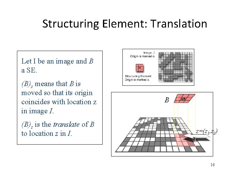 Structuring Element: Translation Let I be an image and B a SE. (B)z means