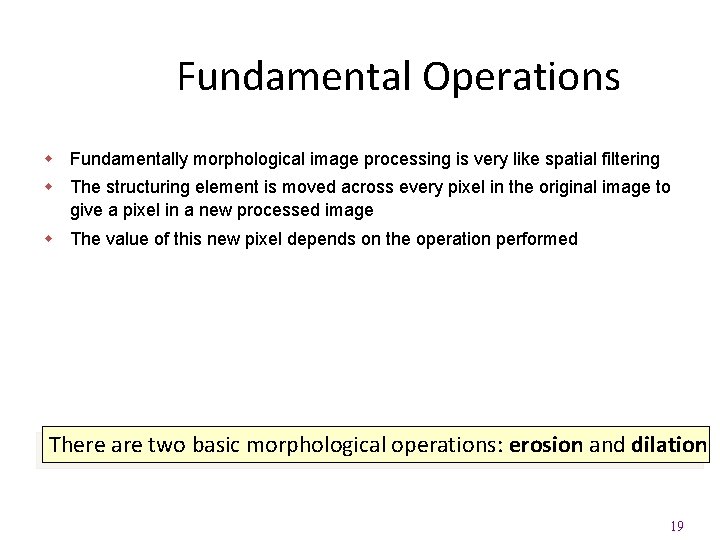 Fundamental Operations w Fundamentally morphological image processing is very like spatial filtering w The