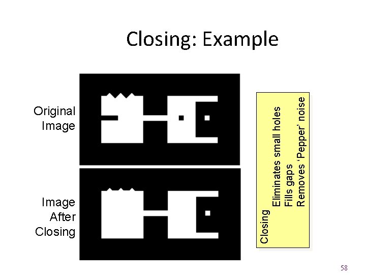 Original Image Eliminates small holes Fills gaps Removes ‘Pepper’ noise Image After Closing: Example