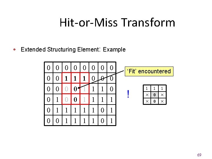 Hit-or-Miss Transform w Extended Structuring Element: Example 0 0 0 0 1 1 1