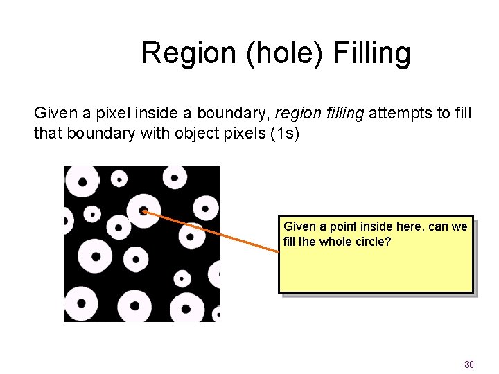 Region (hole) Filling Given a pixel inside a boundary, region filling attempts to fill