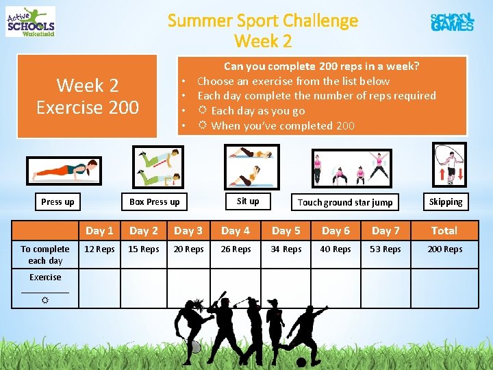 Summer Sport Challenge Week 2 Exercise 200 Press up To complete each day Exercise Summer Sport Challenge Week 2 Exercise 200 Press up To complete each day Exercise