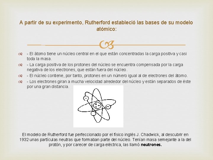 A partir de su experimento, Rutherford estableció las bases de su modelo atómico: -