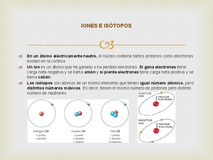 IONES E ISÓTOPOS En un átomo eléctricamente neutro, el núcleo contiene tantos protones como