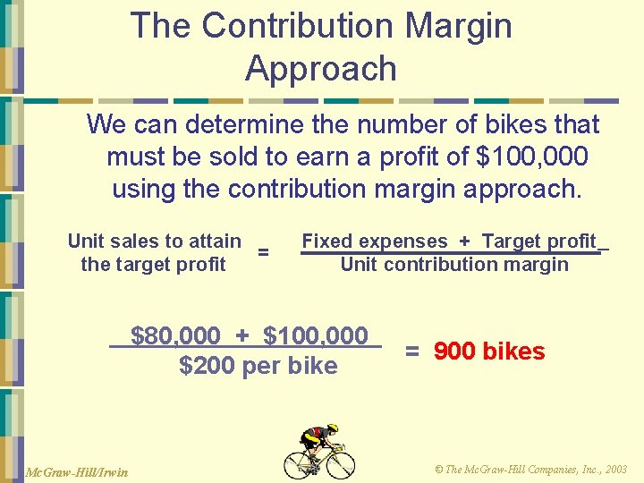 The Contribution Margin Approach We can determine the number of bikes that must be