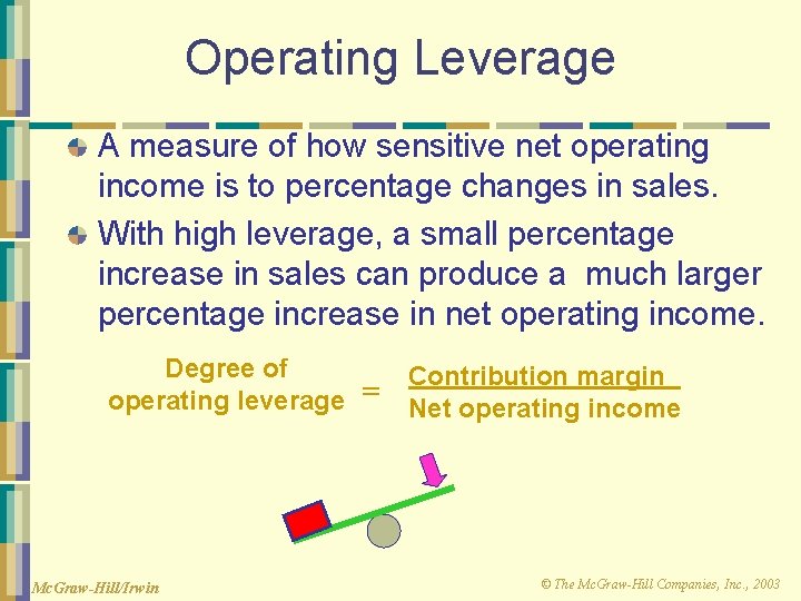 Operating Leverage A measure of how sensitive net operating income is to percentage changes