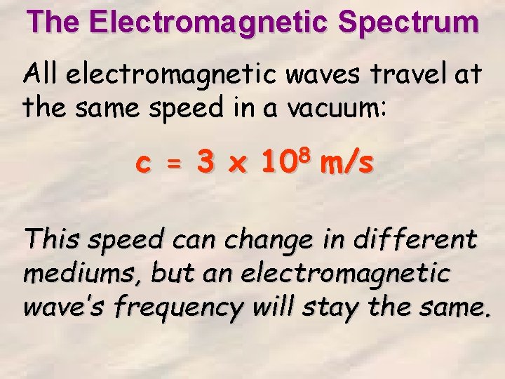 The Electromagnetic Spectrum All electromagnetic waves travel at the same speed in a vacuum: