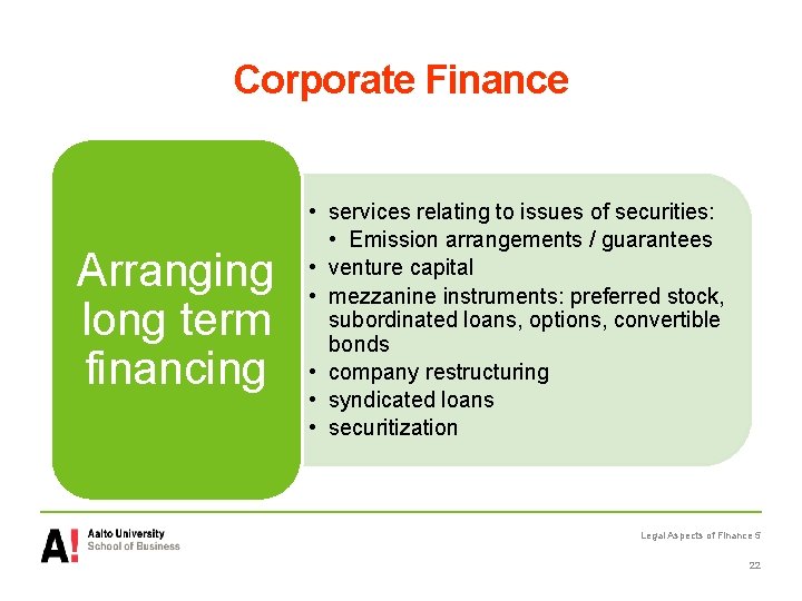 Corporate Finance Arranging long term financing • services relating to issues of securities: •