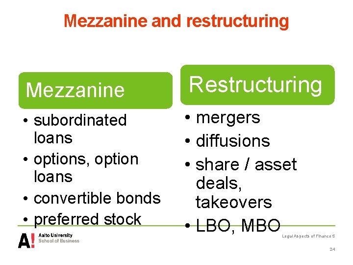 Mezzanine and restructuring Mezzanine Restructuring • subordinated loans • options, option loans • convertible
